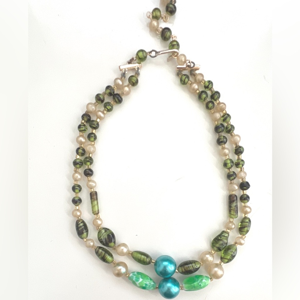 Vintage - Green, pearl, and turquoise double strand necklace - Marked Japan
